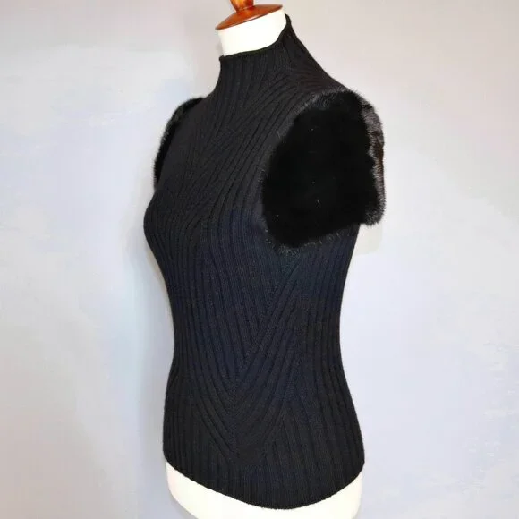 Valentino Black Cashmere Wool Sweater Genuine Fur Short Sleeve Mock neck Top